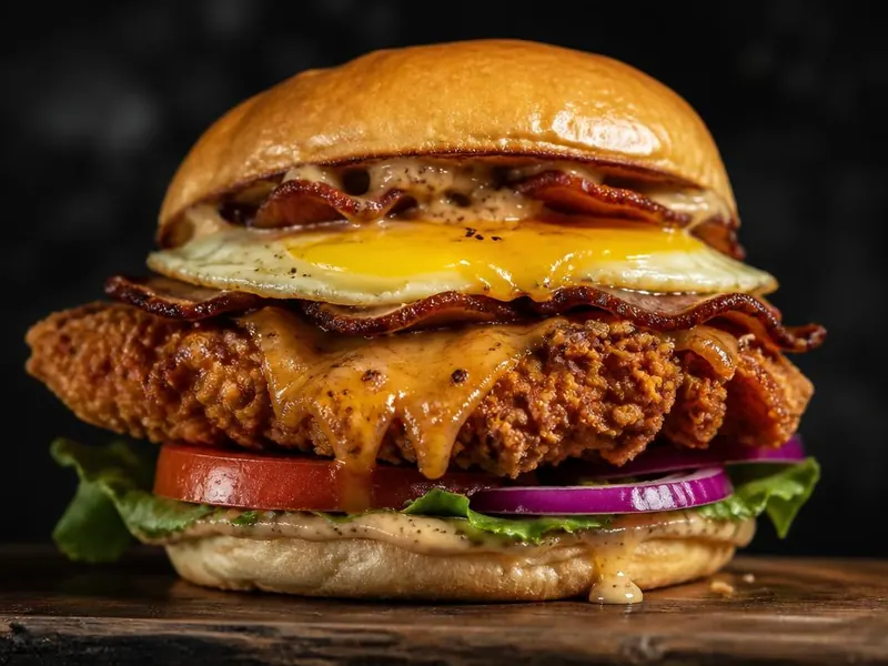 Hambúrguer Desonesto com bife de frango crocante, bacon, queijo e ovo