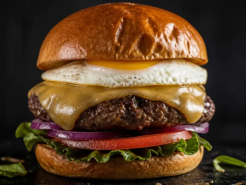 Hambúrguer Honesto com bife de carne, queijo derretido, ovo, tomate e cebola