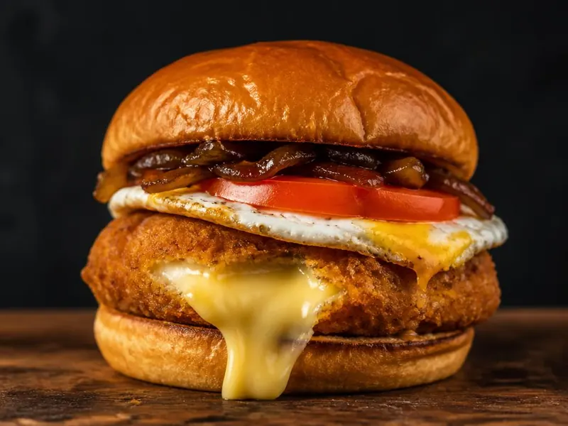 Hambúrguer Penitente com bife de queijo empanado derretendo, ovo e cebola caramelizada
