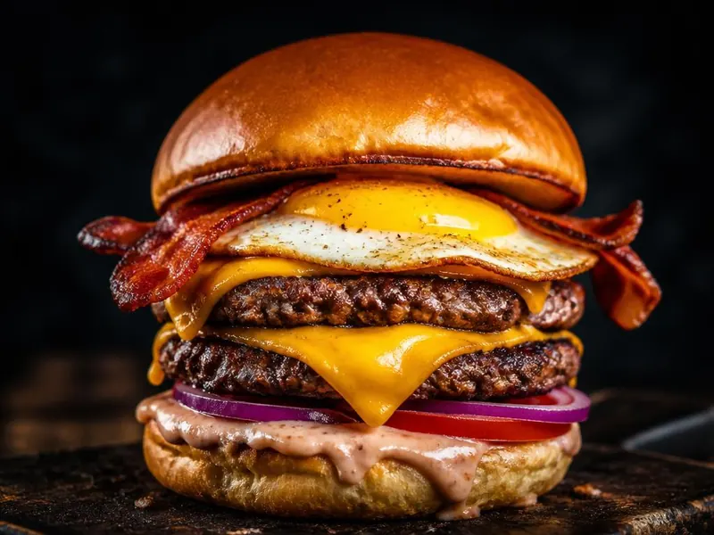 Hambúrguer Play Boy com dois bifes, cheddar duplo derretido, ovo e bacon crocante