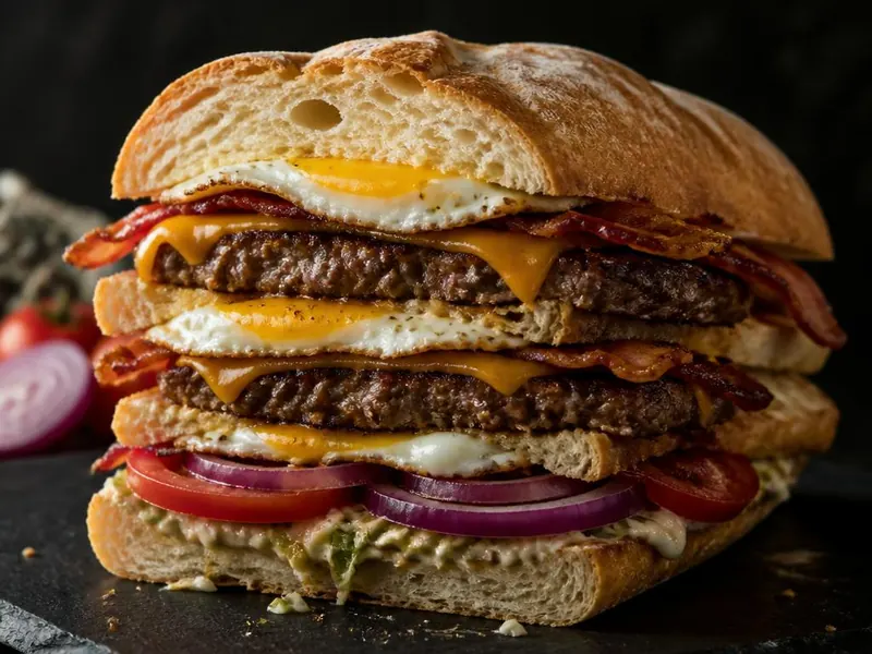Hambúrguer Rifeiro em pão baguete de 30cm com três bifes, cheddar derretido, ovos e bacon