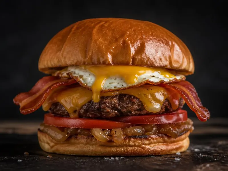Hambúrguer Tenente com bife de carne, queijo, bacon, ovo e cebola caramelizada